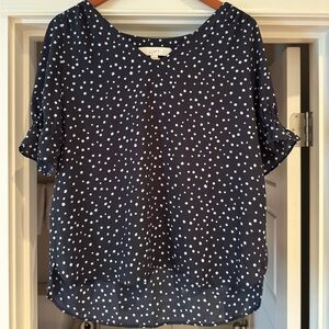 Loft Navy Polka Dot Short Ruffle Sleeve Blouse